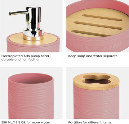 4PCS Light Pink Bathroom Set, Soap Dispenser, Dish & Bamboo Holder, Rustic
