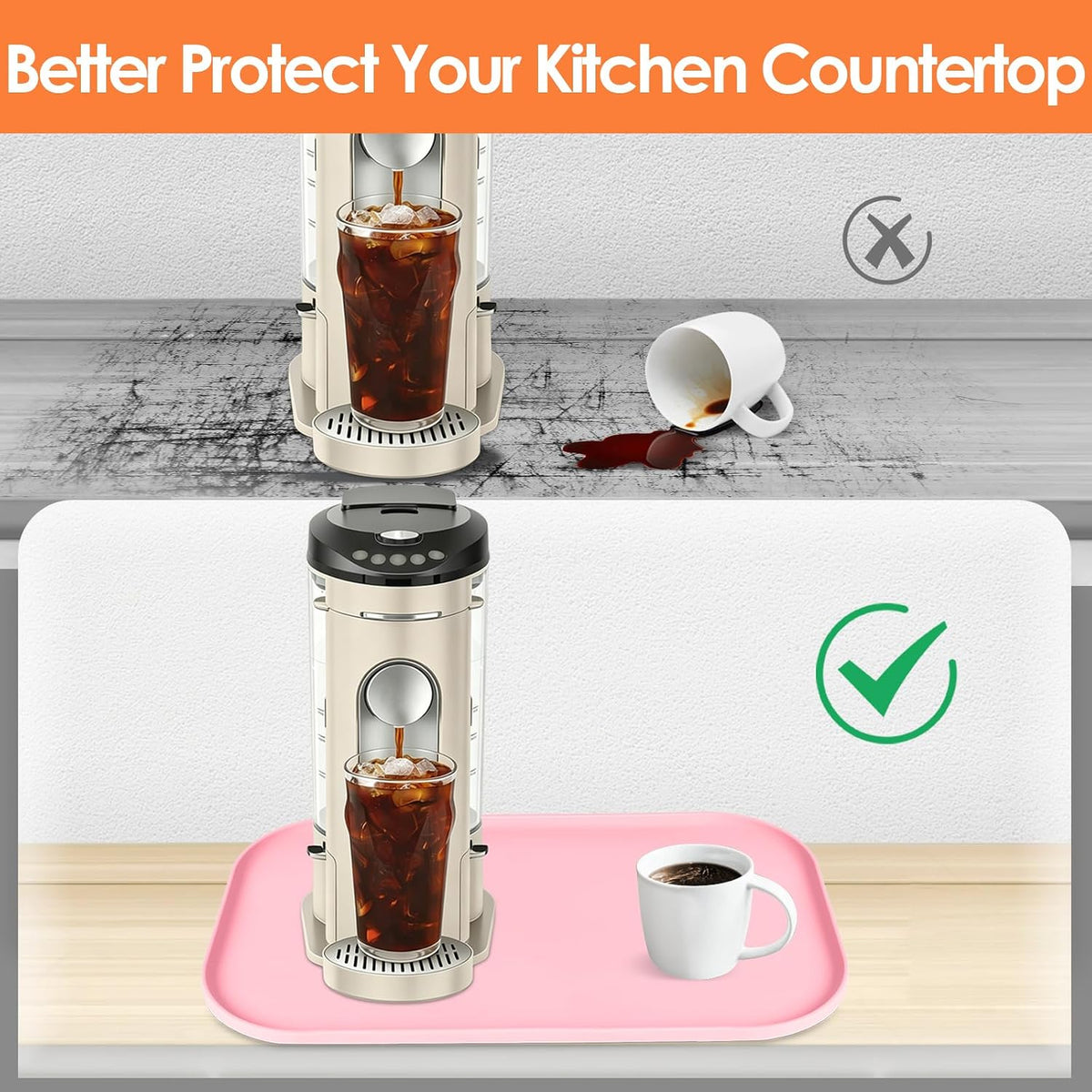 Silicone Coffee Maker Mat with Lip for Countertops 17.4'' x 10.6'' Pink