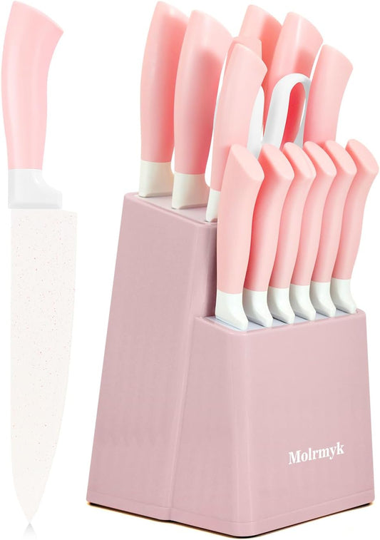 Knife Set, 15 Pcs Pink Kitchen Knife Set, Anti-Rust Non Stick Stainless Steel Sharp Pink Chef Knife Sets with Block, Ergonomic Non-slip Handle Knife Block Set with Steak Knife, Bread Knife, Scissors