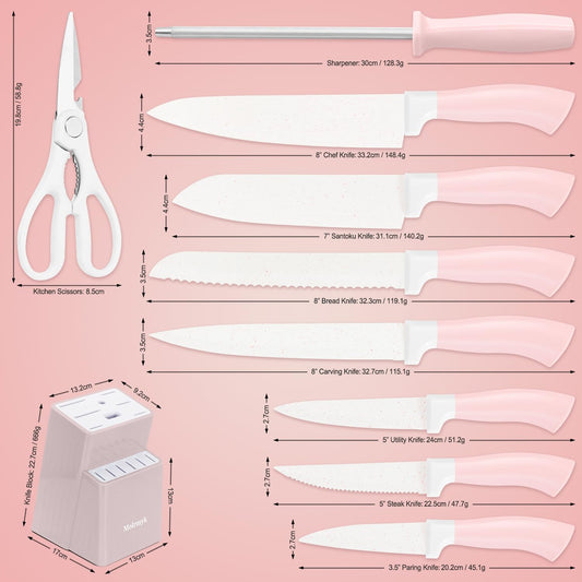 Knife Set, 15 Pcs Pink Kitchen Knife Set, Anti-Rust Non Stick Stainless Steel Sharp Pink Chef Knife Sets with Block, Ergonomic Non-slip Handle Knife Block Set with Steak Knife, Bread Knife, Scissors