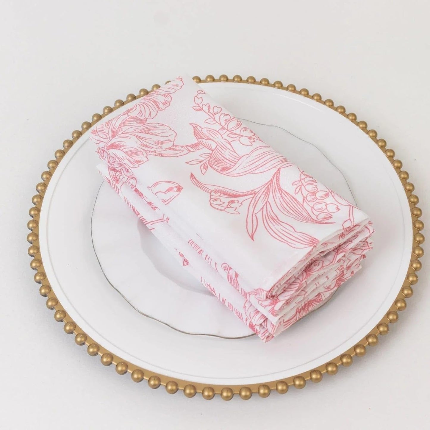 White Pink 17x17 in Floral French Toile Polyester Table Napkins, 5 Pieces for Wedding Party Reception Events Decorations Supplies