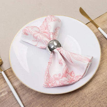 White Pink 17x17 in Floral French Toile Polyester Table Napkins, 5 Pieces for Wedding Party Reception Events Decorations Supplies