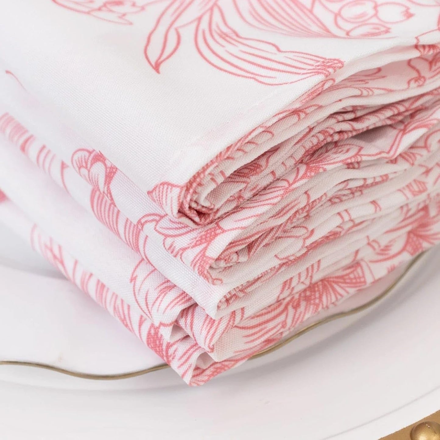 White Pink 17x17 in Floral French Toile Polyester Table Napkins, 5 Pieces for Wedding Party Reception Events Decorations Supplies