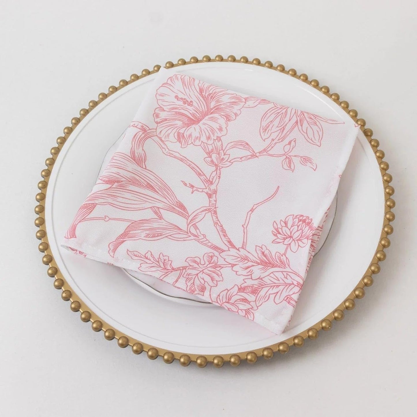 White Pink 17x17 in Floral French Toile Polyester Table Napkins, 5 Pieces for Wedding Party Reception Events Decorations Supplies
