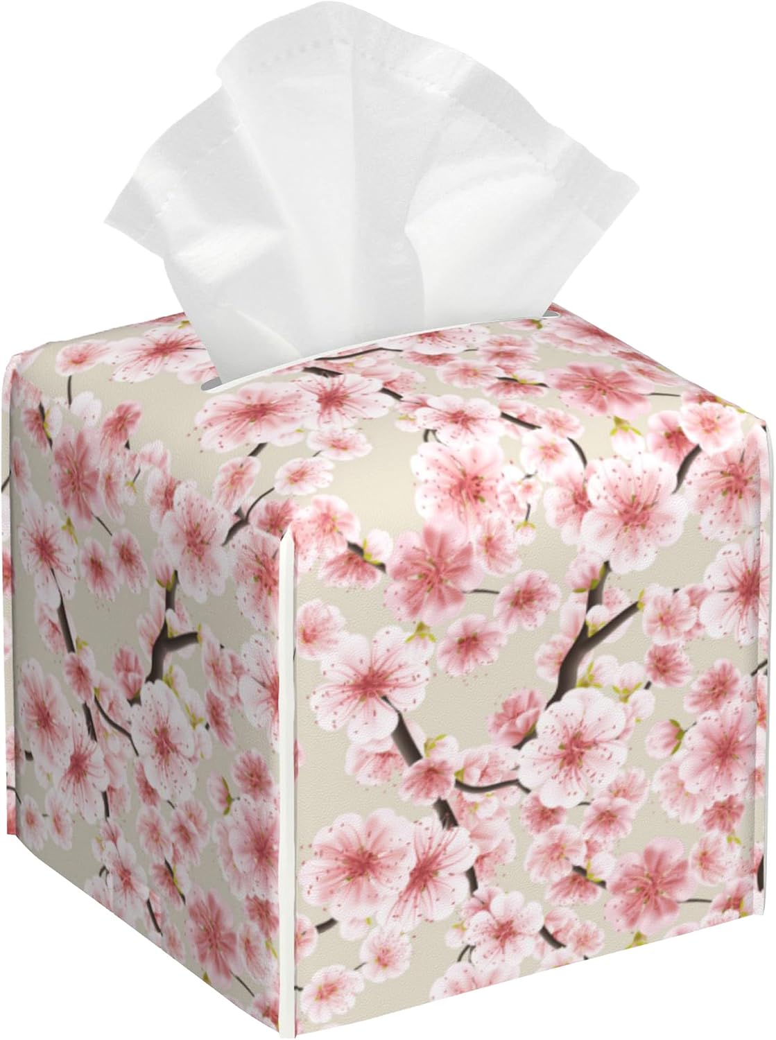 Pink Cherry Blossom Tissue Box Cover Square Leather Tissue Holder Waterproof Facial Paper Organizer Dispenser Cube Paper Cover Case for Home Office Bathroom Vanity Countertop
