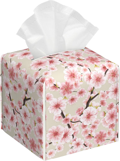 Pink Cherry Blossom Tissue Box Cover Square Leather Tissue Holder Waterproof Facial Paper Organizer Dispenser Cube Paper Cover Case for Home Office Bathroom Vanity Countertop