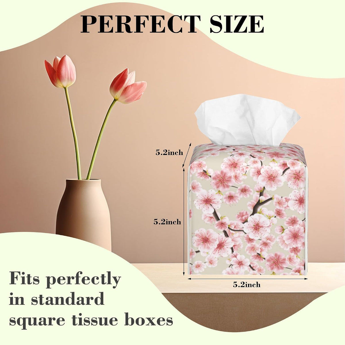 Pink Cherry Blossom Tissue Box Cover Square Leather Tissue Holder Waterproof Facial Paper Organizer Dispenser Cube Paper Cover Case for Home Office Bathroom Vanity Countertop