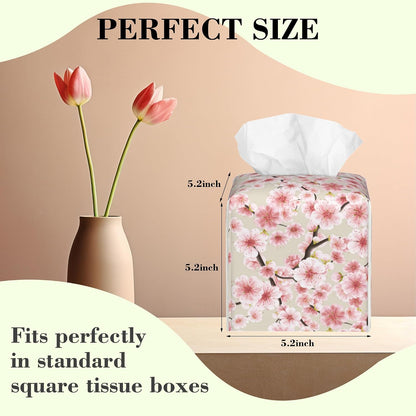 Pink Cherry Blossom Tissue Box Cover Square Leather Tissue Holder Waterproof Facial Paper Organizer Dispenser Cube Paper Cover Case for Home Office Bathroom Vanity Countertop