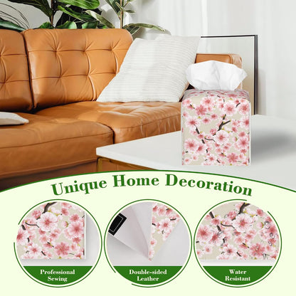 Pink Cherry Blossom Tissue Box Cover Square Leather Tissue Holder Waterproof Facial Paper Organizer Dispenser Cube Paper Cover Case for Home Office Bathroom Vanity Countertop