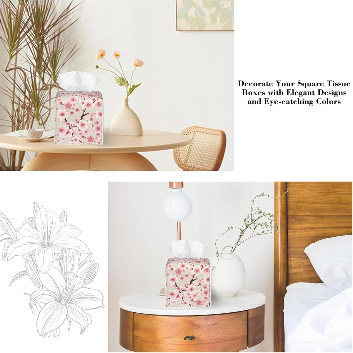 Pink Cherry Blossom Tissue Box Cover Square Leather Tissue Holder Waterproof Facial Paper Organizer Dispenser Cube Paper Cover Case for Home Office Bathroom Vanity Countertop