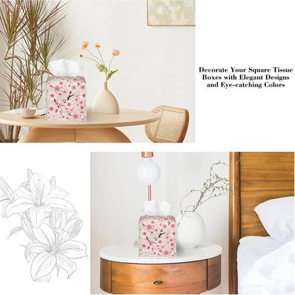 Pink Cherry Blossom Tissue Box Cover Square Leather Tissue Holder Waterproof Facial Paper Organizer Dispenser Cube Paper Cover Case for Home Office Bathroom Vanity Countertop