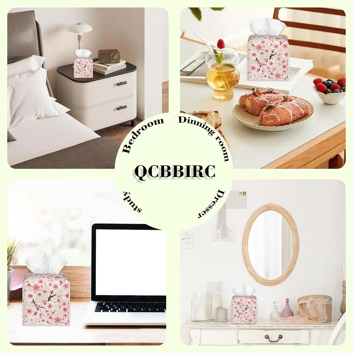 Pink Cherry Blossom Tissue Box Cover Square Leather Tissue Holder Waterproof Facial Paper Organizer Dispenser Cube Paper Cover Case for Home Office Bathroom Vanity Countertop