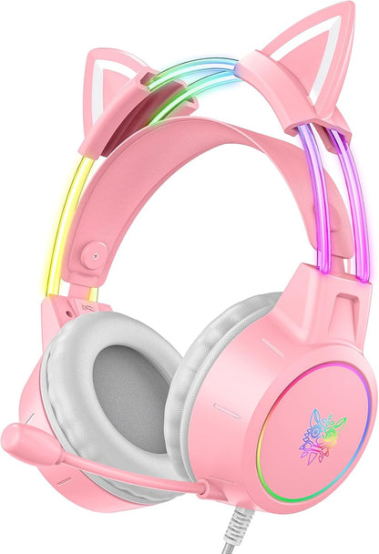Lightweight Gaming Headset, RGB Lighting, Wired Over Ear Headphones with Mic for PC Laptop PS4 PS5 Switch, Stereo Surround Sound, Self-Adjusting Headband, Pink Cat Ear