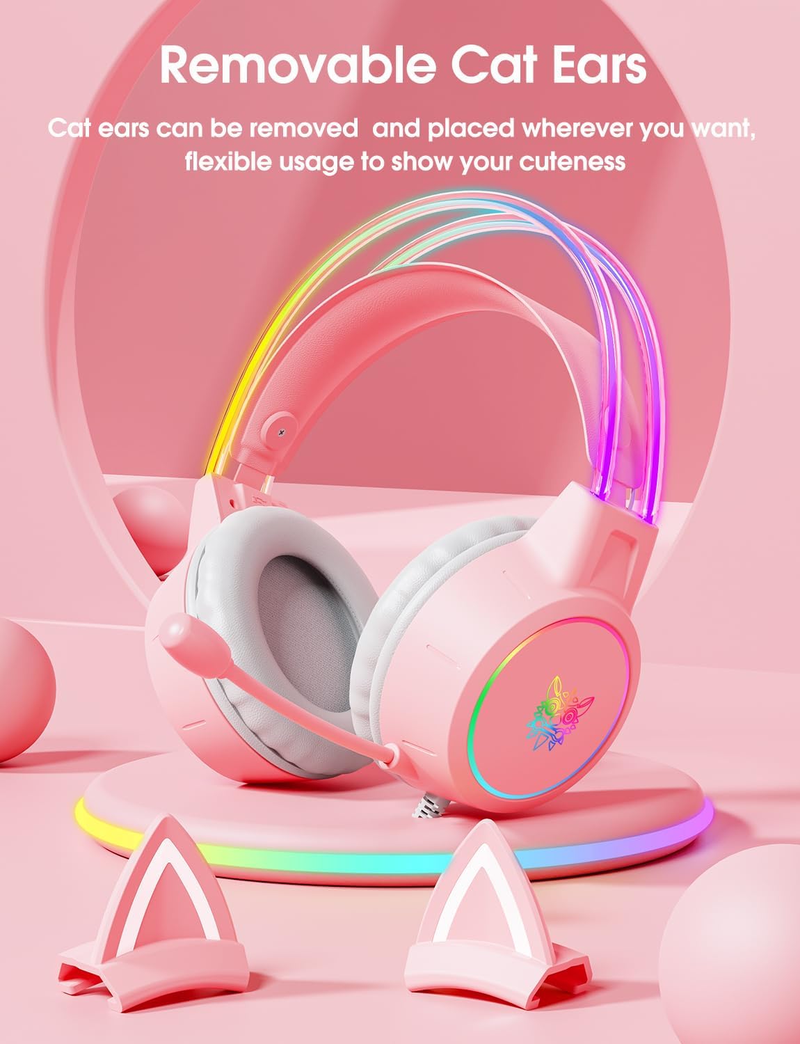 Lightweight Gaming Headset, RGB Lighting, Wired Over Ear Headphones with Mic for PC Laptop PS4 PS5 Switch, Stereo Surround Sound, Self-Adjusting Headband, Pink Cat Ear