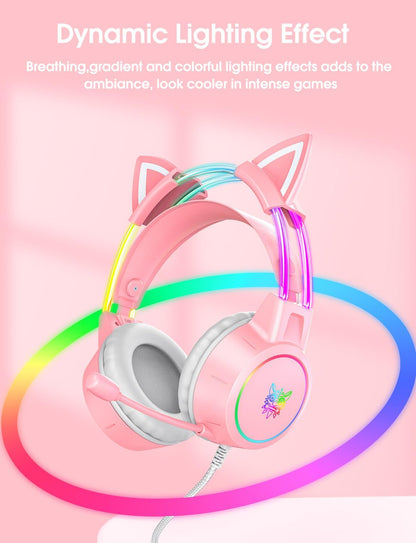 Lightweight Gaming Headset, RGB Lighting, Wired Over Ear Headphones with Mic for PC Laptop PS4 PS5 Switch, Stereo Surround Sound, Self-Adjusting Headband, Pink Cat Ear