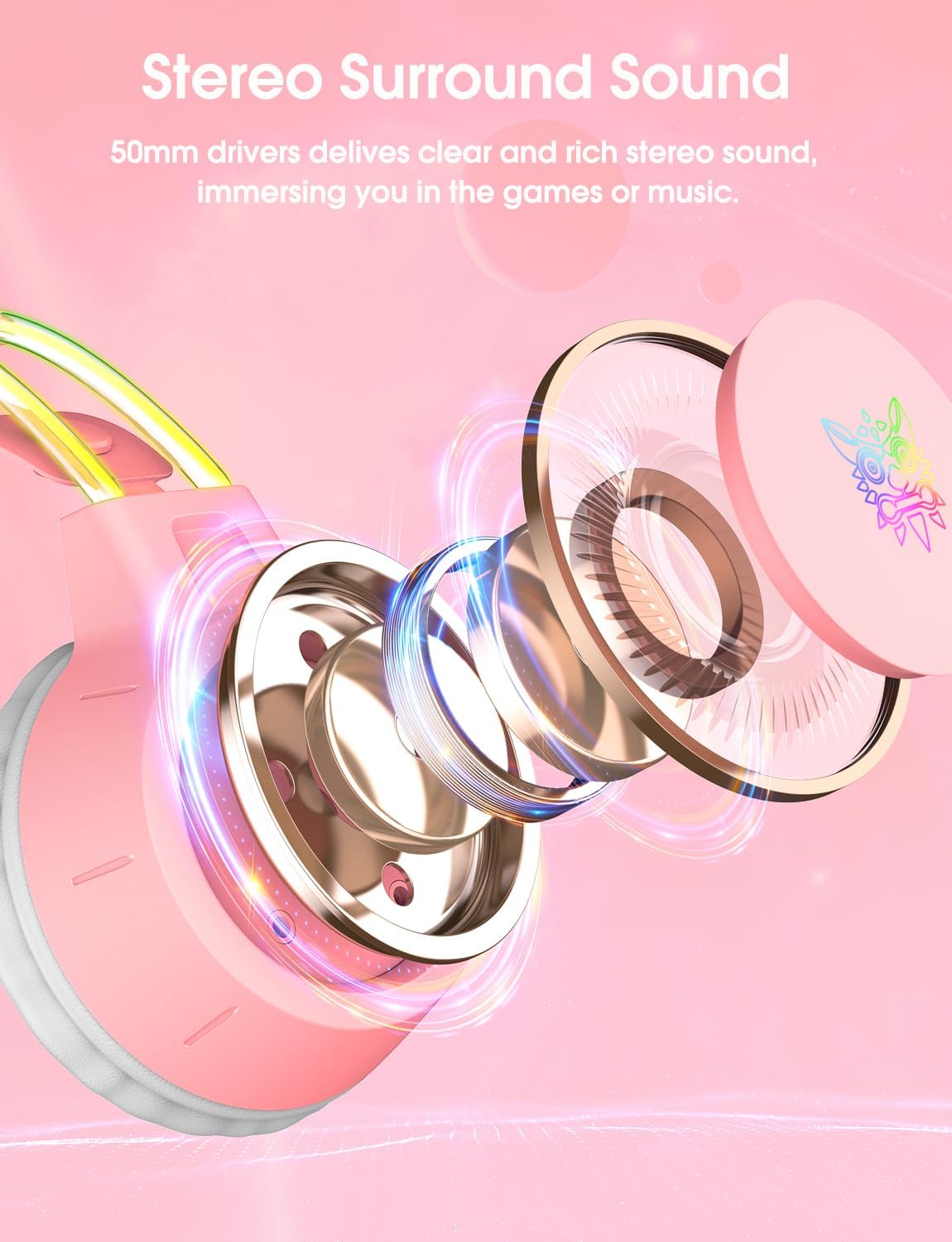 Lightweight Gaming Headset, RGB Lighting, Wired Over Ear Headphones with Mic for PC Laptop PS4 PS5 Switch, Stereo Surround Sound, Self-Adjusting Headband, Pink Cat Ear