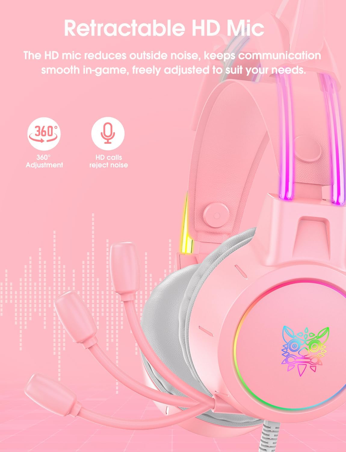 Lightweight Gaming Headset, RGB Lighting, Wired Over Ear Headphones with Mic for PC Laptop PS4 PS5 Switch, Stereo Surround Sound, Self-Adjusting Headband, Pink Cat Ear