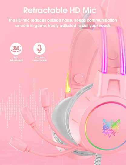 Lightweight Gaming Headset, RGB Lighting, Wired Over Ear Headphones with Mic for PC Laptop PS4 PS5 Switch, Stereo Surround Sound, Self-Adjusting Headband, Pink Cat Ear