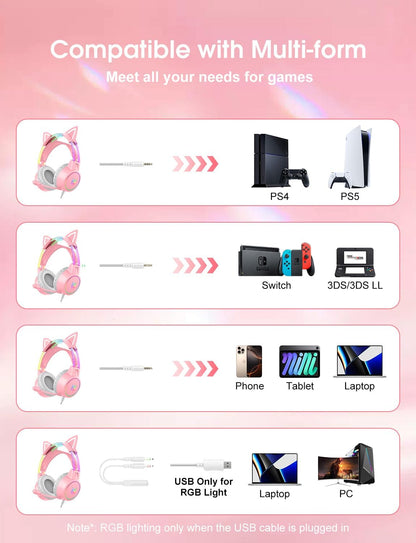 Lightweight Gaming Headset, RGB Lighting, Wired Over Ear Headphones with Mic for PC Laptop PS4 PS5 Switch, Stereo Surround Sound, Self-Adjusting Headband, Pink Cat Ear