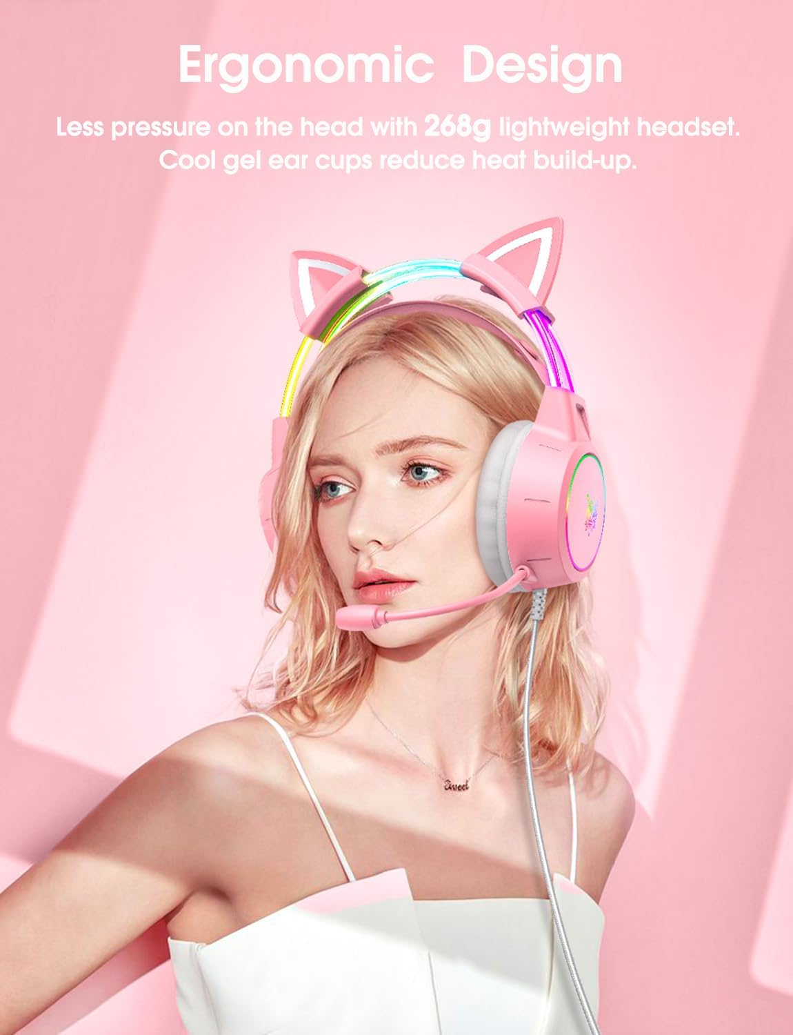 Lightweight Gaming Headset, RGB Lighting, Wired Over Ear Headphones with Mic for PC Laptop PS4 PS5 Switch, Stereo Surround Sound, Self-Adjusting Headband, Pink Cat Ear