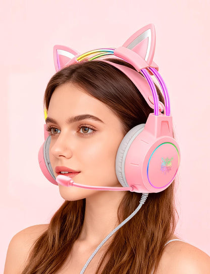 Lightweight Gaming Headset, RGB Lighting, Wired Over Ear Headphones with Mic for PC Laptop PS4 PS5 Switch, Stereo Surround Sound, Self-Adjusting Headband, Pink Cat Ear
