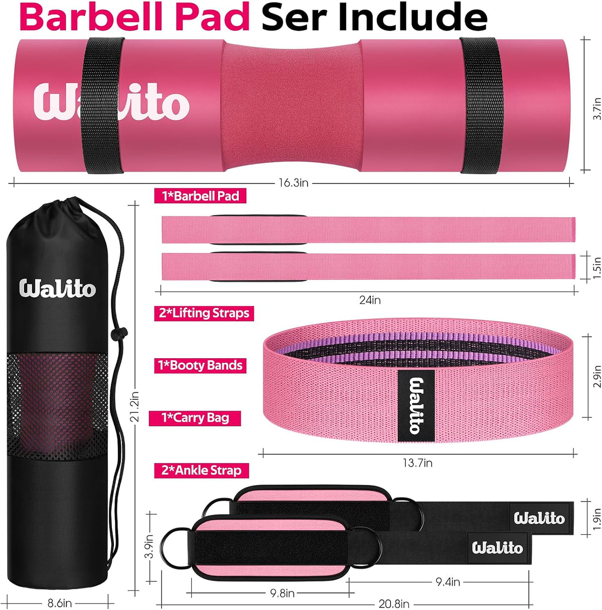 8Pcs Barbell Pad Set for Hip Thrust - Squat Pad,Gym Accessories for Women with Bar Bad,Bench Press, with Gym Ankle Straps,Resistance Bands for Working Out,Lifting Strap,Carry Bag