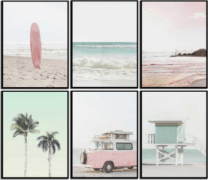 6 Pcs Pastel Pink Beach Wall Art - Coastal Poster Wall Decor