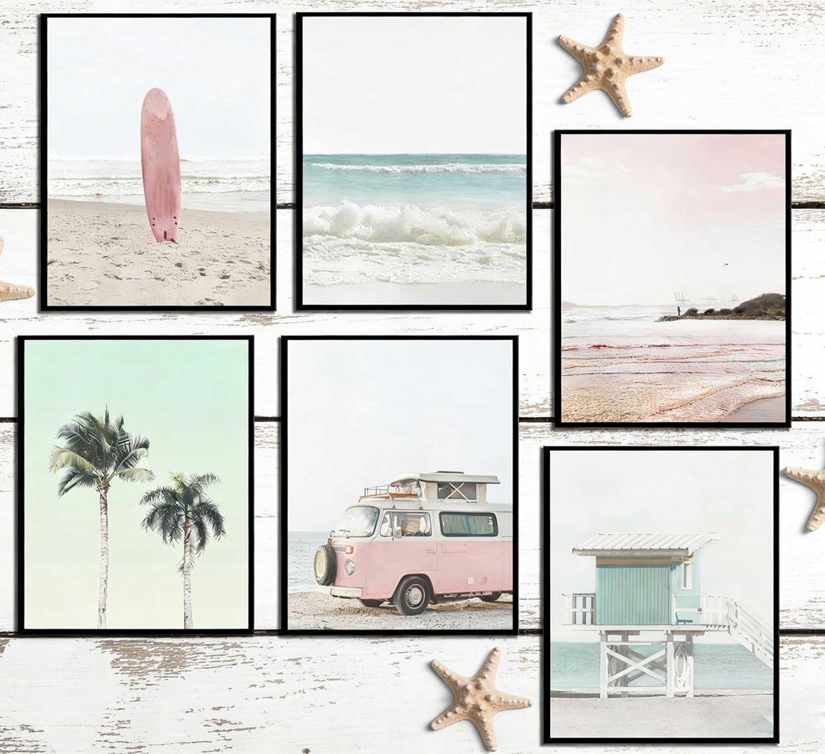 6 Pcs Pastel Pink Beach Wall Art - Coastal Poster Wall Decor