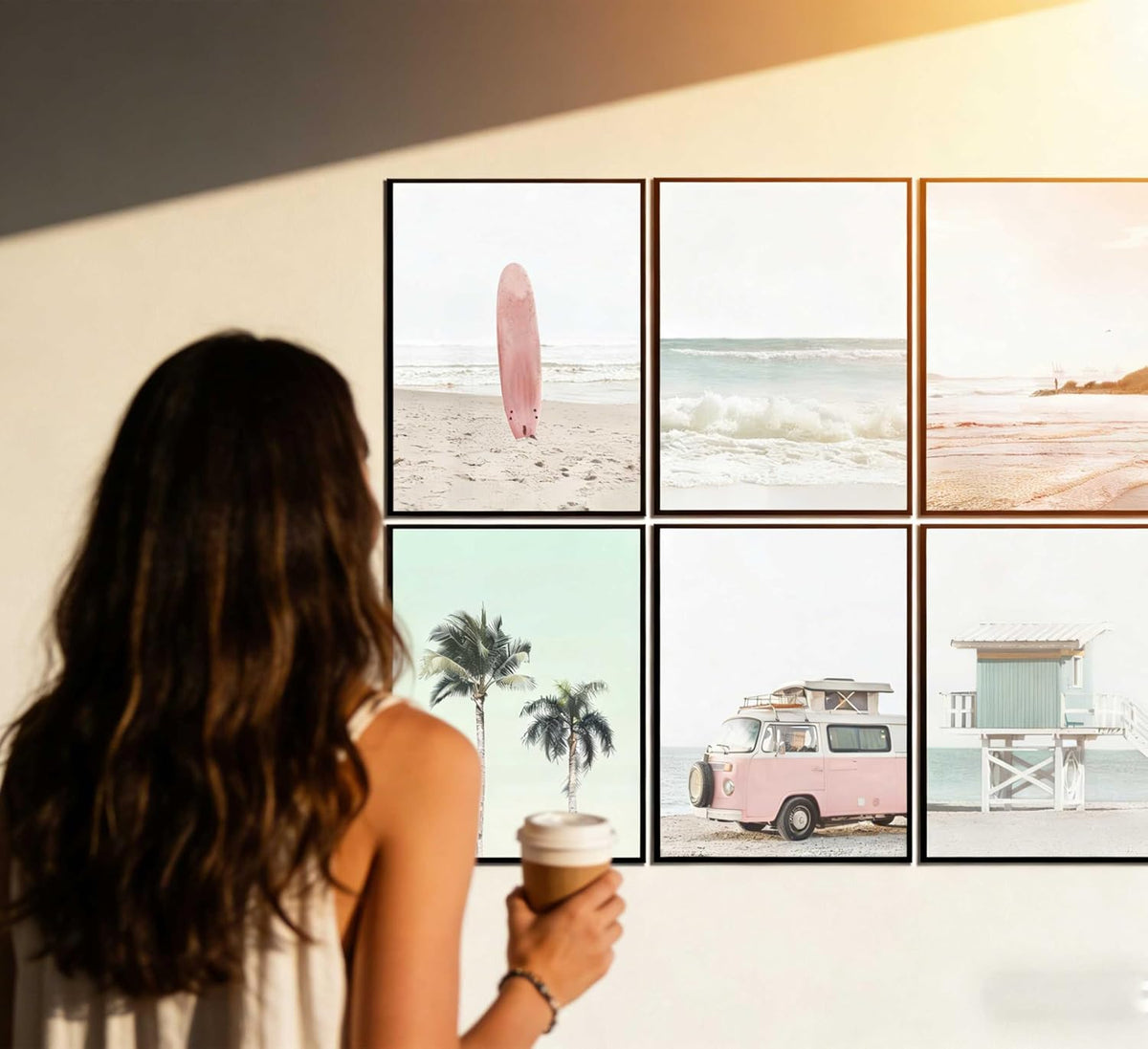 6 Pcs Pastel Pink Beach Wall Art - Coastal Poster Wall Decor