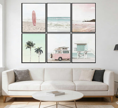 6 Pcs Pastel Pink Beach Wall Art - Coastal Poster Wall Decor