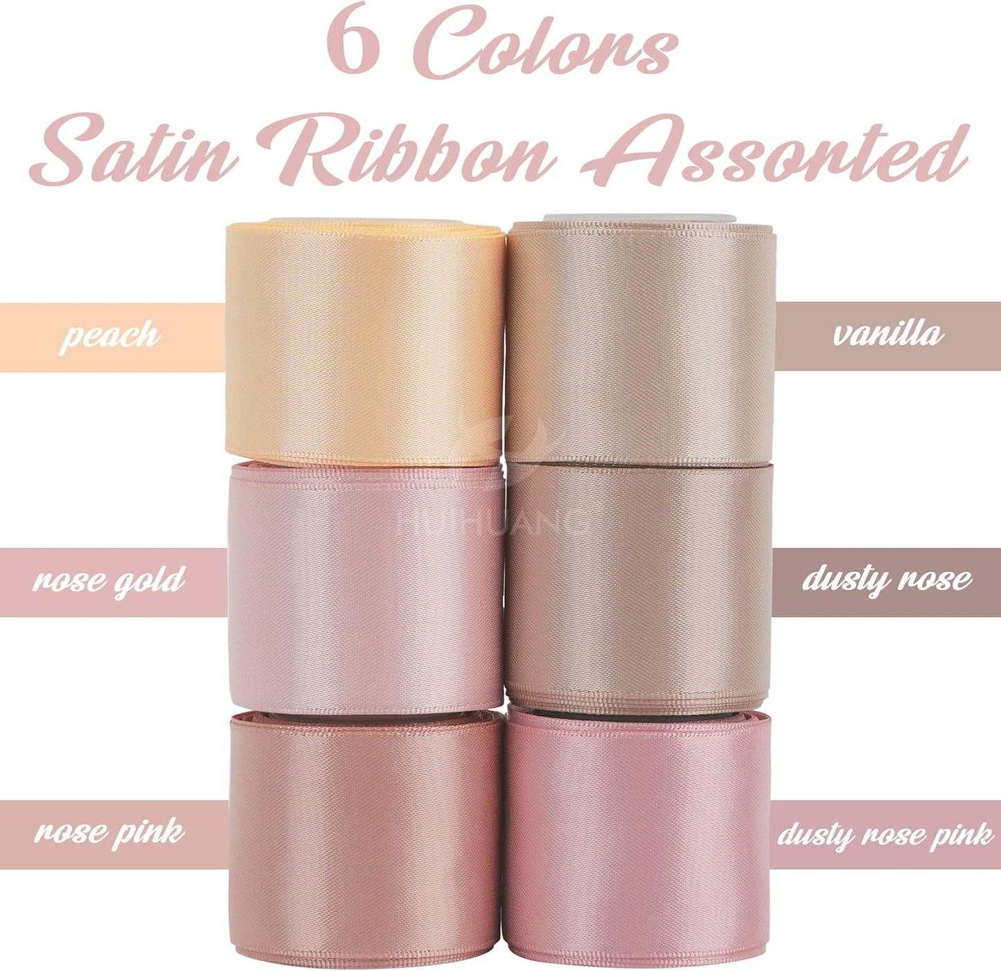 Rose Pink Ribbon 1-1/2" Dusty Rose/Rose Gold/Rose Pink/Rosy Mauve/Vanilla/Peach Satin Ribbons for Wedding Flower Bouquet Bows Bridal Gift Wrap and Crafts- 6 Rolls, Total 30 Yards