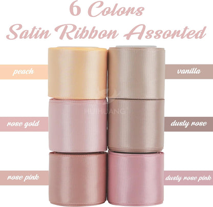 Rose Pink Ribbon 1-1/2" Dusty Rose/Rose Gold/Rose Pink/Rosy Mauve/Vanilla/Peach Satin Ribbons for Wedding Flower Bouquet Bows Bridal Gift Wrap and Crafts- 6 Rolls, Total 30 Yards