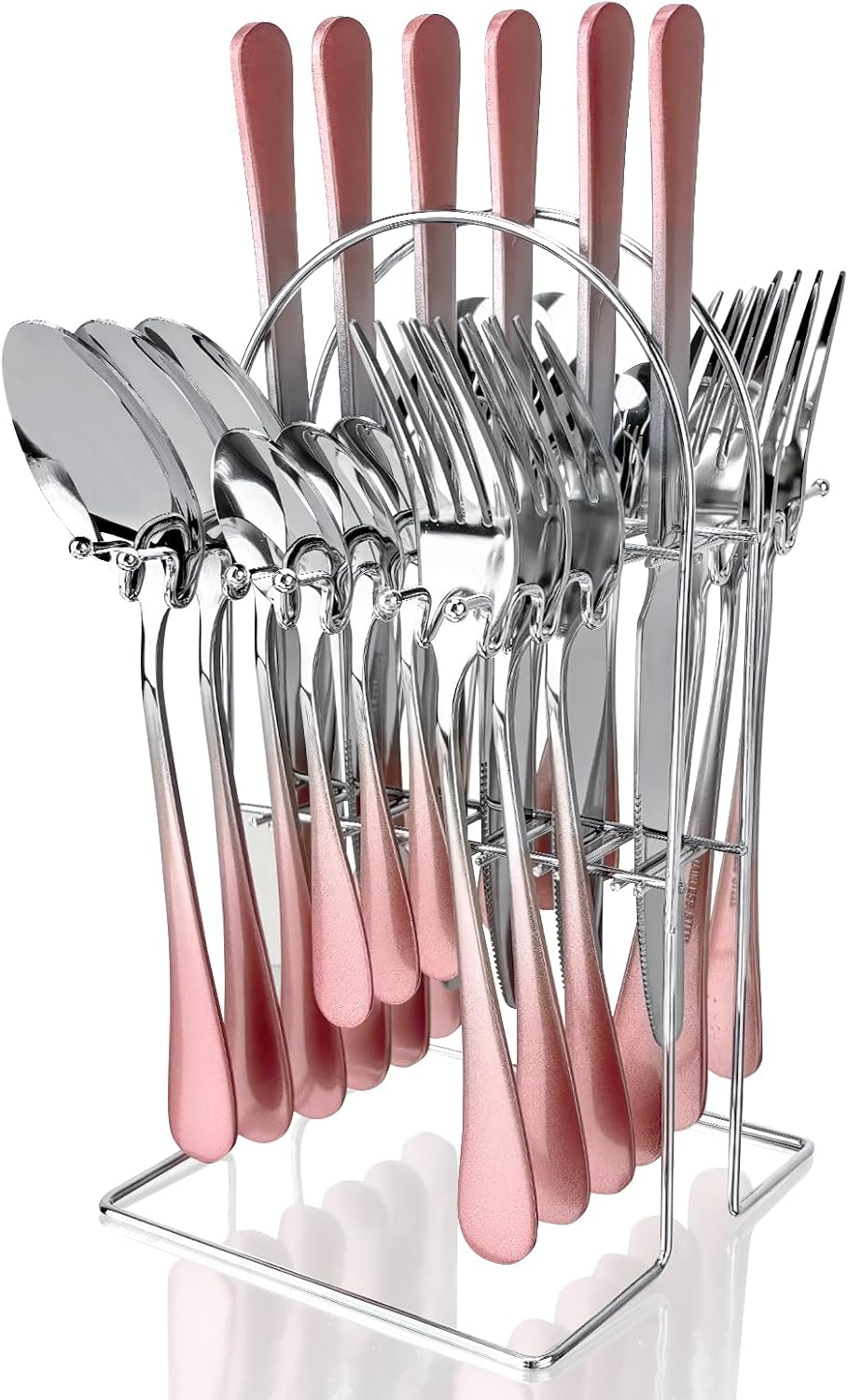 Caliamary 24-Piece Stainless Steel Flatware Set with Silverware Organizer - Includes Dinner Forks,Knives,Spoons,Coffee Spoon - Modern Silverware for 6,Dishwasher Safe & Rustproof (Pink Silver)