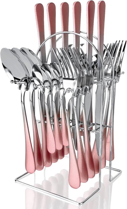 Caliamary 24-Piece Stainless Steel Flatware Set with Silverware Organizer - Includes Dinner Forks,Knives,Spoons,Coffee Spoon - Modern Silverware for 6,Dishwasher Safe & Rustproof (Pink Silver)