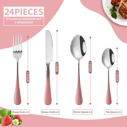 Caliamary 24-Piece Stainless Steel Flatware Set with Silverware Organizer - Includes Dinner Forks,Knives,Spoons,Coffee Spoon - Modern Silverware for 6,Dishwasher Safe & Rustproof (Pink Silver)