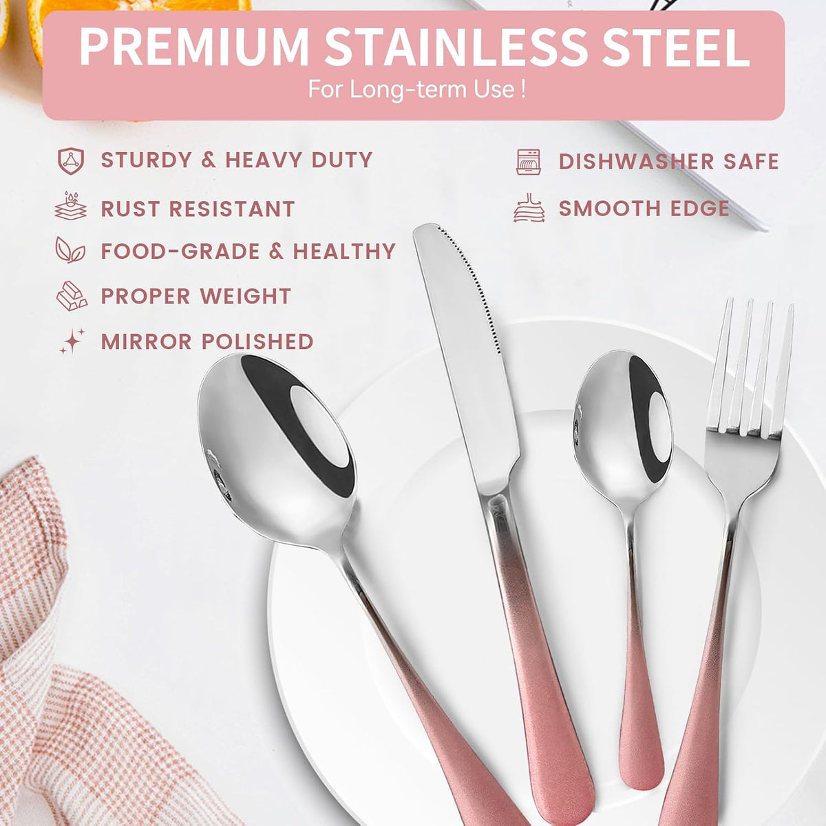 Caliamary 24-Piece Stainless Steel Flatware Set with Silverware Organizer - Includes Dinner Forks,Knives,Spoons,Coffee Spoon - Modern Silverware for 6,Dishwasher Safe & Rustproof (Pink Silver)