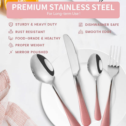 Caliamary 24-Piece Stainless Steel Flatware Set with Silverware Organizer - Includes Dinner Forks,Knives,Spoons,Coffee Spoon - Modern Silverware for 6,Dishwasher Safe & Rustproof (Pink Silver)