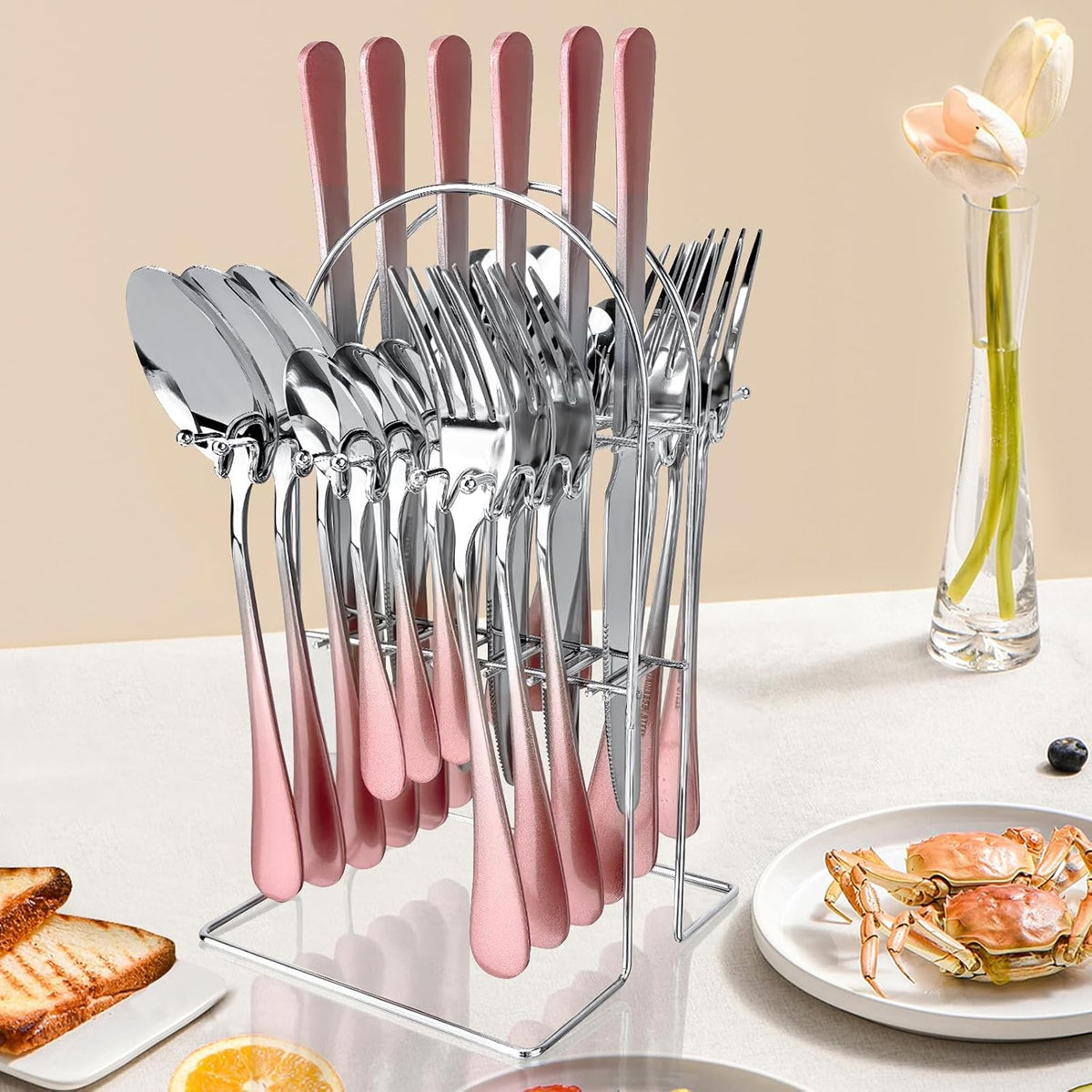 Caliamary 24-Piece Stainless Steel Flatware Set with Silverware Organizer - Includes Dinner Forks,Knives,Spoons,Coffee Spoon - Modern Silverware for 6,Dishwasher Safe & Rustproof (Pink Silver)
