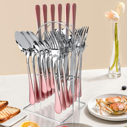Caliamary 24-Piece Stainless Steel Flatware Set with Silverware Organizer - Includes Dinner Forks,Knives,Spoons,Coffee Spoon - Modern Silverware for 6,Dishwasher Safe & Rustproof (Pink Silver)