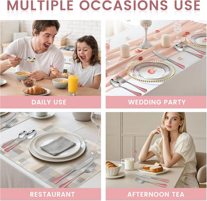 Caliamary 24-Piece Stainless Steel Flatware Set with Silverware Organizer - Includes Dinner Forks,Knives,Spoons,Coffee Spoon - Modern Silverware for 6,Dishwasher Safe & Rustproof (Pink Silver)