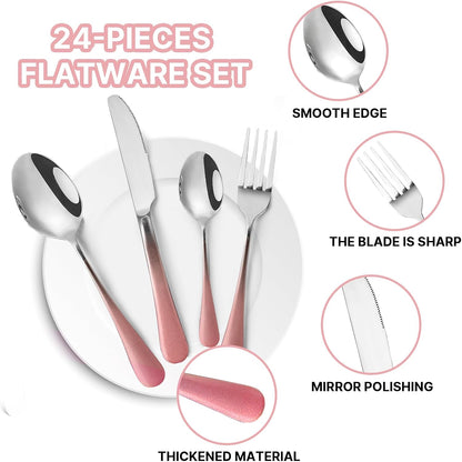 Caliamary 24-Piece Stainless Steel Flatware Set with Silverware Organizer - Includes Dinner Forks,Knives,Spoons,Coffee Spoon - Modern Silverware for 6,Dishwasher Safe & Rustproof (Pink Silver)