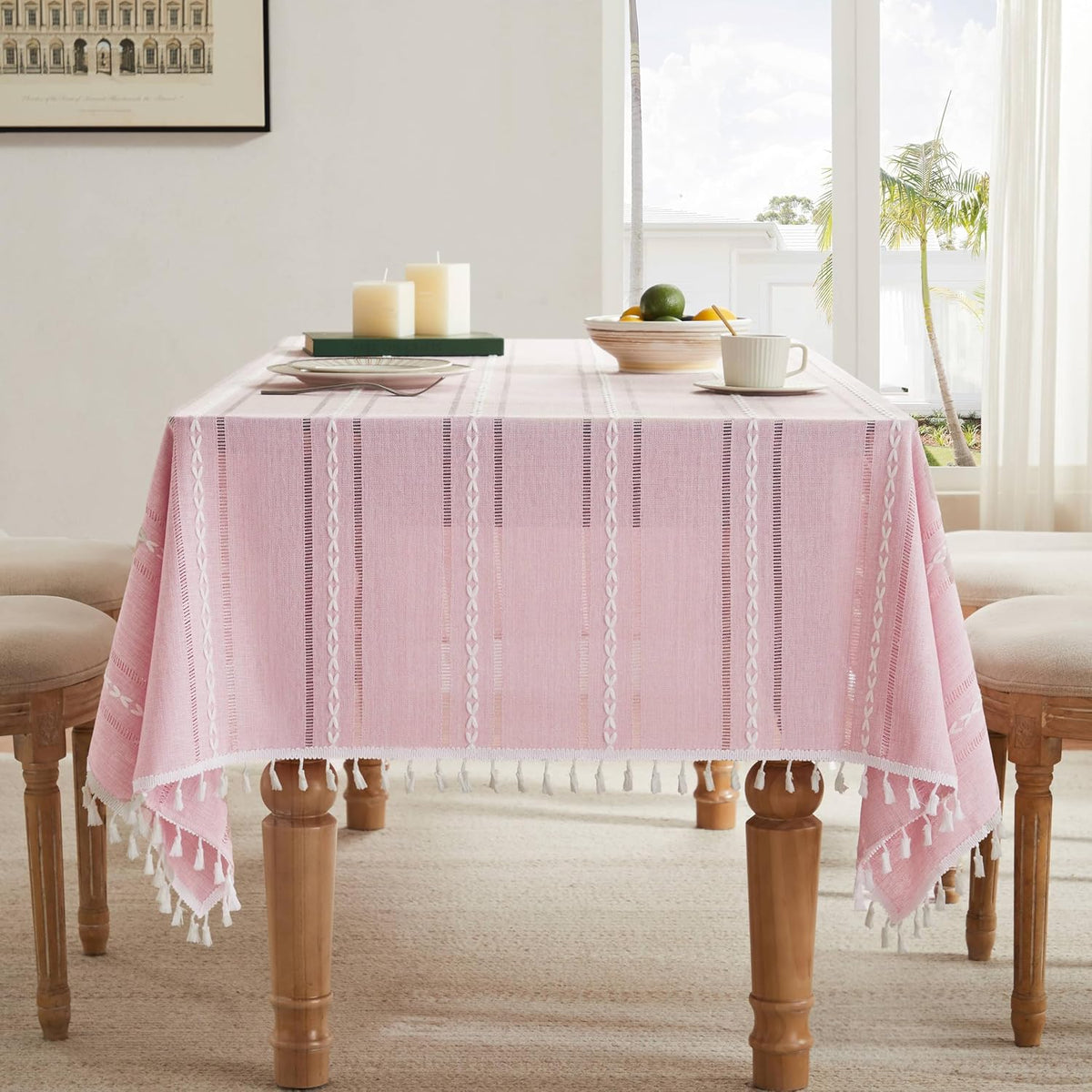 ZeeMart Hemstitched Striped Boho Table Cloth, 60x84 Inch Pink