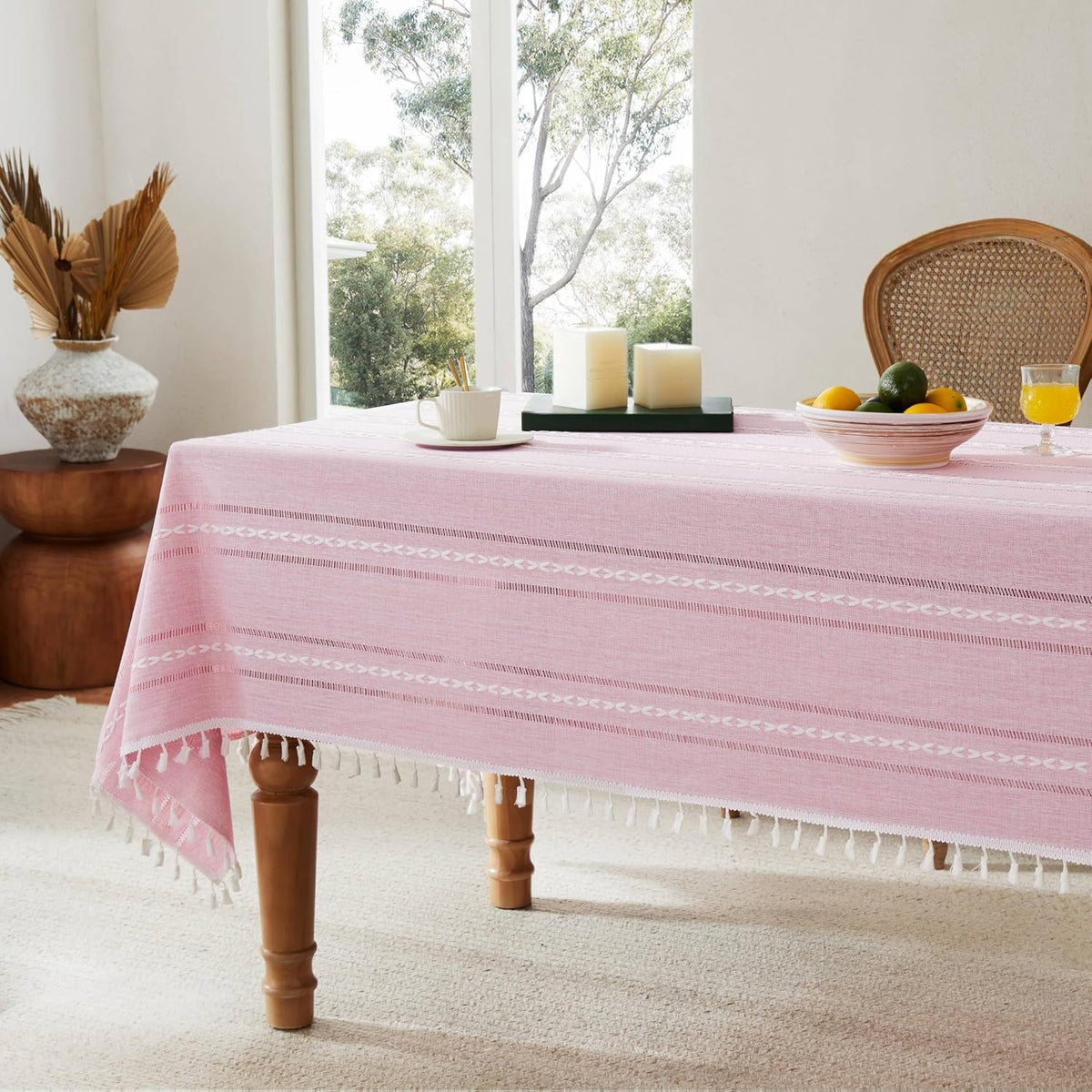 ZeeMart Hemstitched Striped Boho Table Cloth, 60x84 Inch Pink