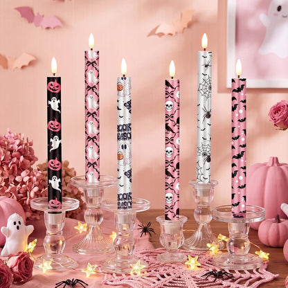 6 Pcs Halloween LED Flameless Candle Set Pink Spooky Taper Candles Battery Operated with Remote Cute Ghost Candles Horror Pumpkin Decorations for Home Halloween Party Favors Holiday Decor