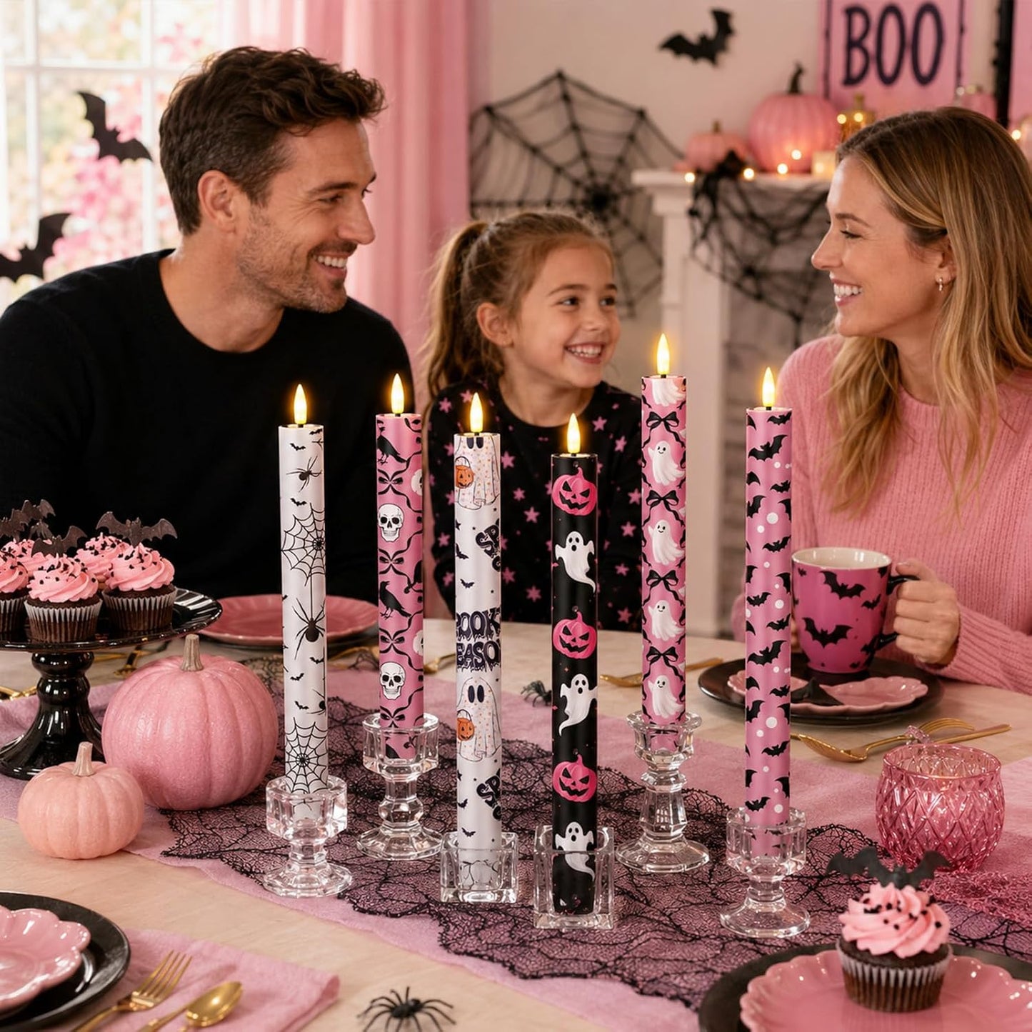6 Pcs Halloween LED Flameless Candle Set Pink Spooky Taper Candles Battery Operated with Remote Cute Ghost Candles Horror Pumpkin Decorations for Home Halloween Party Favors Holiday Decor