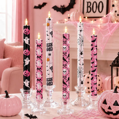 6 Pcs Halloween LED Flameless Candle Set Pink Spooky Taper Candles Battery Operated with Remote Cute Ghost Candles Horror Pumpkin Decorations for Home Halloween Party Favors Holiday Decor