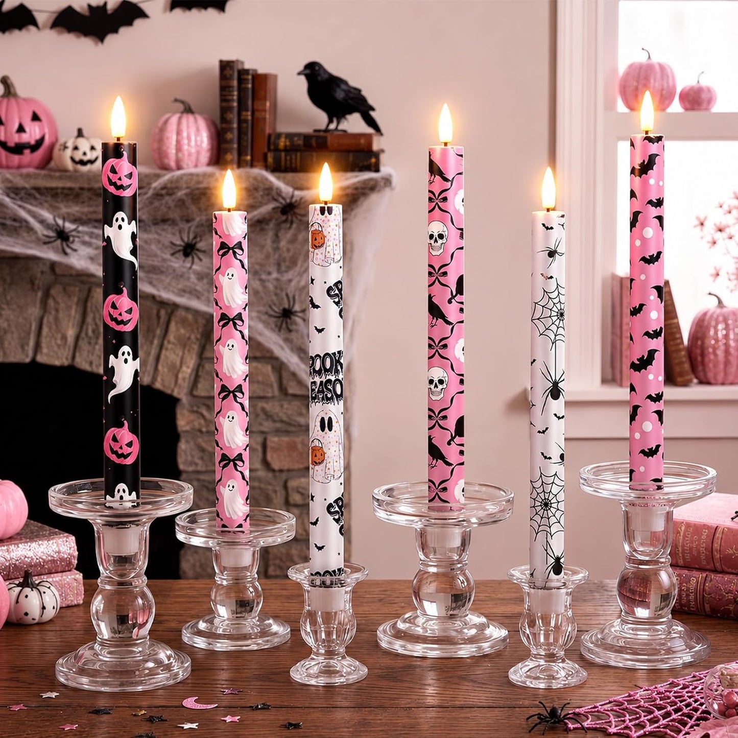 6 Pcs Halloween LED Flameless Candle Set Pink Spooky Taper Candles Battery Operated with Remote Cute Ghost Candles Horror Pumpkin Decorations for Home Halloween Party Favors Holiday Decor