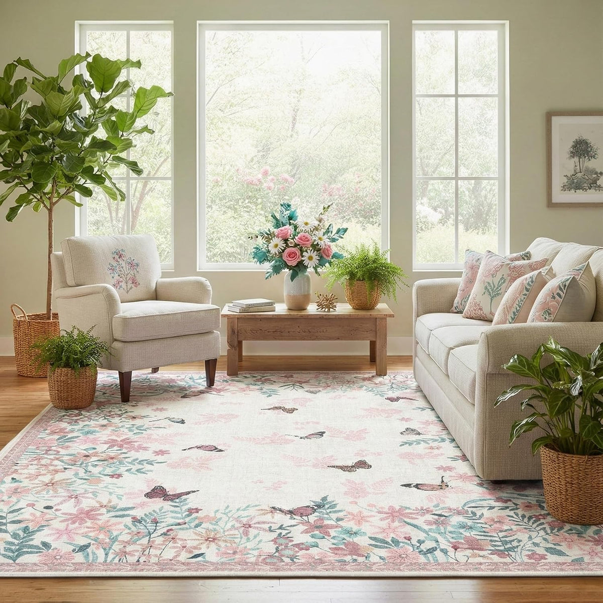 3x5 Area Rug Pink Pastel, Floral Rugs for Living Room, Lightweight Non Slip Washable Rug, Indoor Low Pile Boho Design Rugs for Bedroom Living Room Dining Room Pink Pastel
