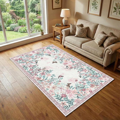 3x5 Area Rug Pink Pastel, Floral Rugs for Living Room, Lightweight Non Slip Washable Rug, Indoor Low Pile Boho Design Rugs for Bedroom Living Room Dining Room Pink Pastel