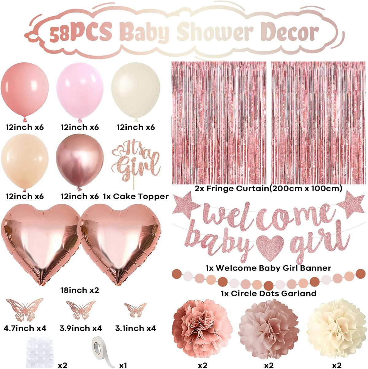 Pink Baby Shower Decorations for Girl, Boho Dusty Blush Pink Rose Gold Beige White Latex Balloons Welcome Baby Banner Its A Girl Cake Topper Pom Poms Fringe Curtain for Girls Birthday Party Decoration